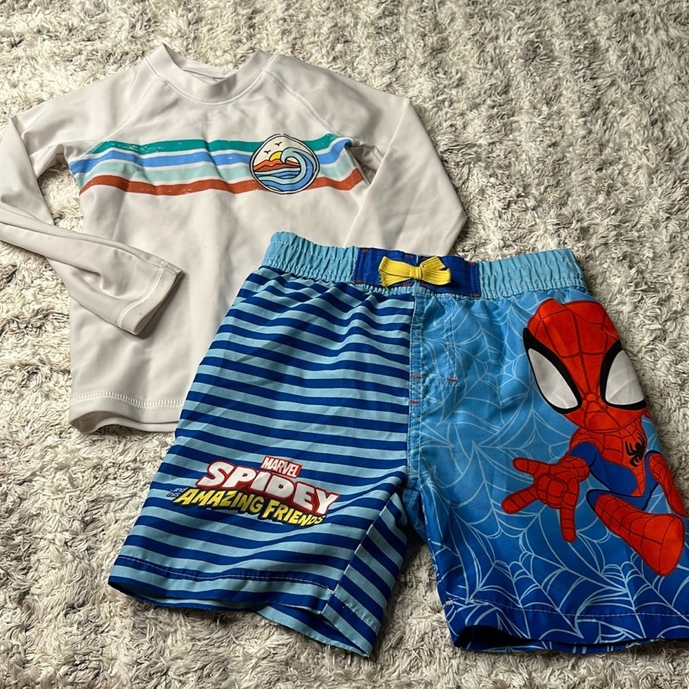 5T George long sleeve rash guard, spidey swim shorts 3T